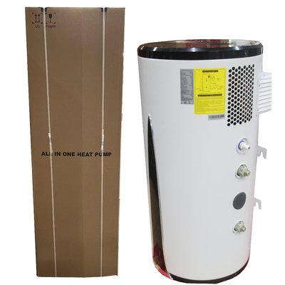 横の壁に取り付けられた電気給湯装置100L COP3.5に水をまく空気